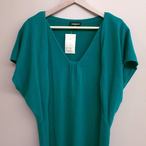 bebe Dresses & Skirts - BEBE 100% Cashmere Batwing Knit Dress with Shoulder Pleats in Teal Blue Green